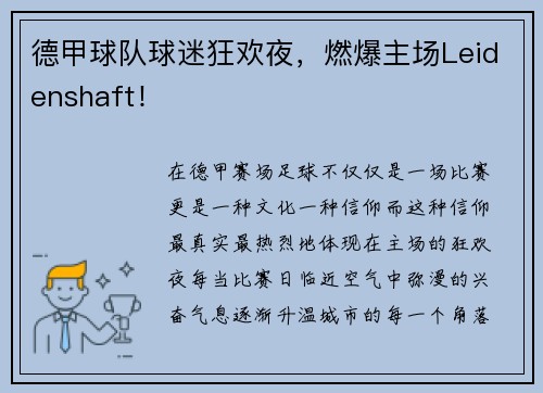 德甲球队球迷狂欢夜,燃爆主场Leidenshaft!